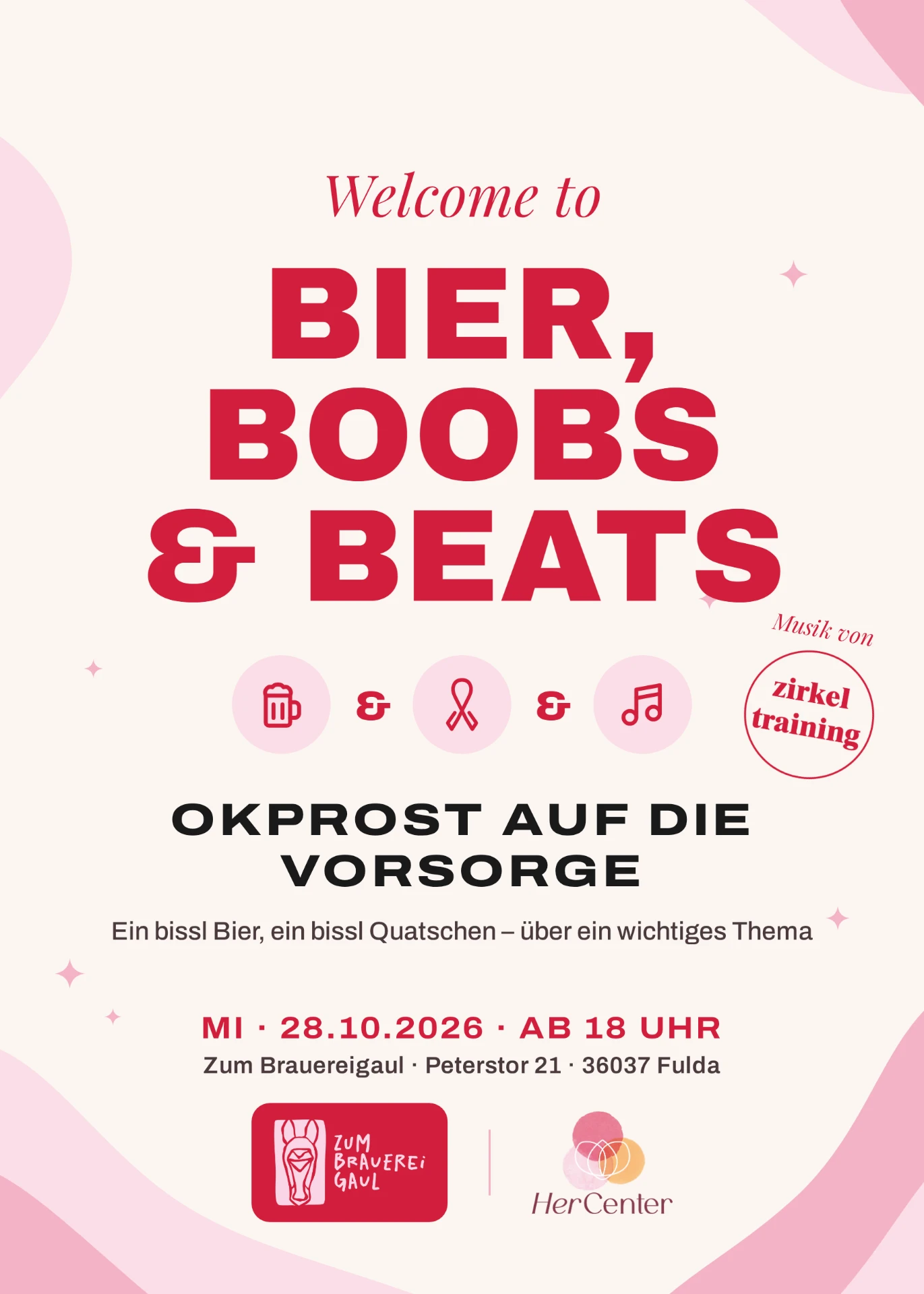 Plakat „Bier, Boobs & Beats“ — Mi 28.10.2026 ab 18 Uhr im Brauereigaul, Musik von zirkel training